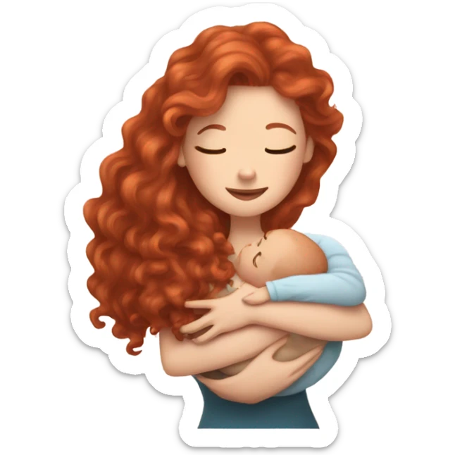 Curly long red hair white girl holding newborn baby sticker