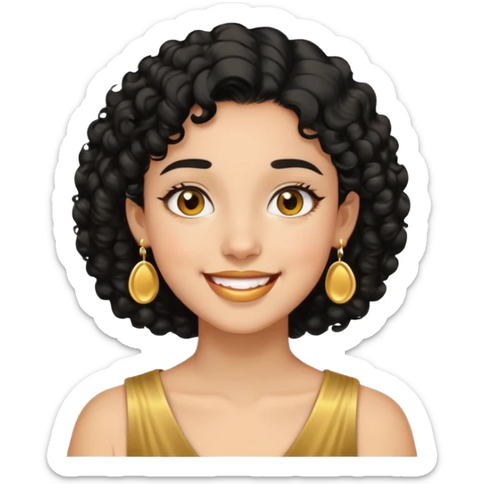 Girl showing happiness, medium skin tone, short curly black hair, gold earrings Minimal emoji showing happiness, medium skin tone, short curly black hair, gold earrings sticker