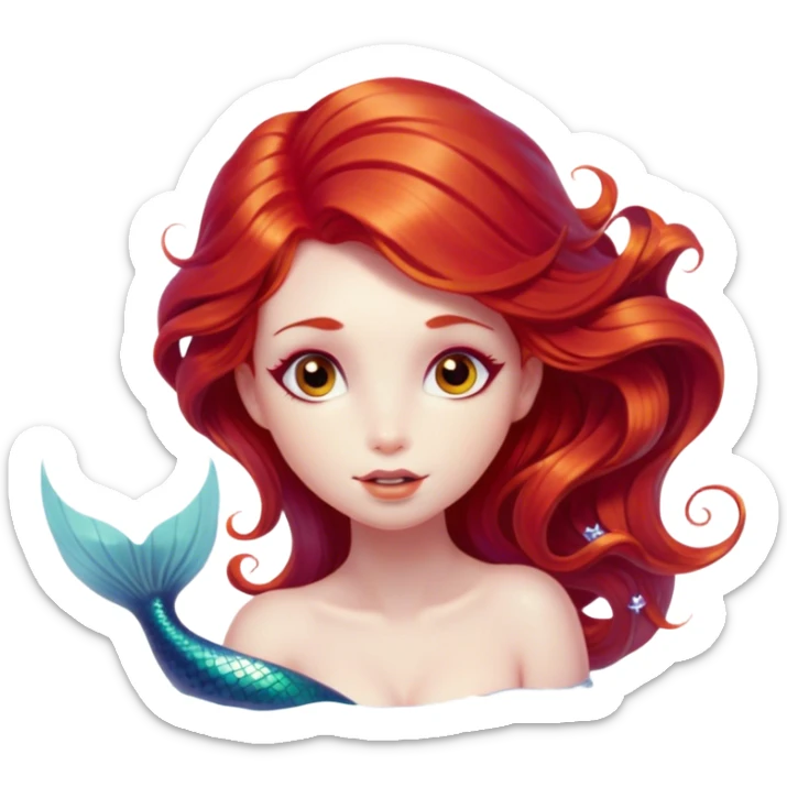 Cinematic Realistic Red Hair Mermaid Portrait, head tilted playfully and inquisitively, showcasing an ethereal form with finely detailed, flowing red hair against luminous porcelain skin. Her bright, curious eyes sparkle like hidden gems beneath the gentle caress of underwater light, rendered with lifelike clarity and warm, filtered illumination—capturing the essence of a spirited mermaid ready to splash playfully into your imagination. sticker