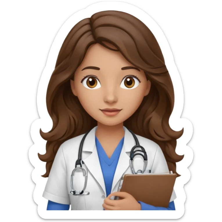 make a brunette nurse with long brown wavy hair and brown eyes holding a clipboard. she should also have a stethoscope around her neck. sticker