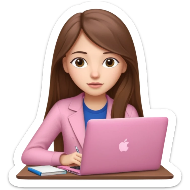 Chica lacia peli larga y peli larga  en una MacBook rosa investigando y haciendo tareas con un libro de apuntes y con cara muy linda como modelo sticker