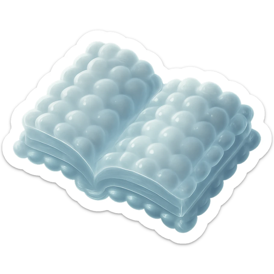 top view of a thick open book made entirely of small, very bright white fluffy convex clouds, matte glass style sticker