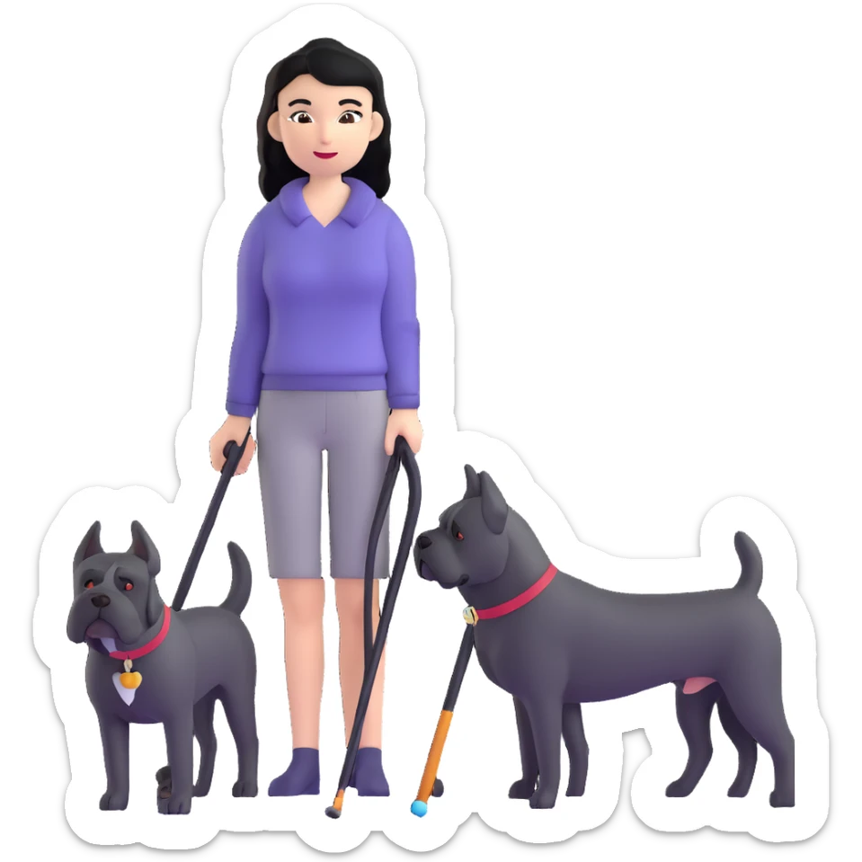 Woman with long black hair holding a black Cane Corso dog with cropped ears and short tail sticker