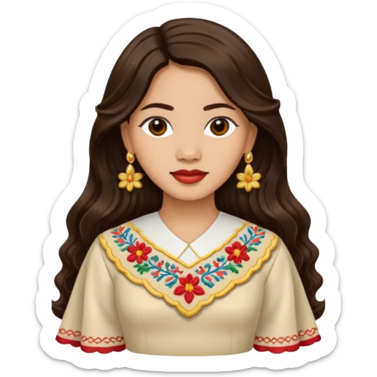 Filipino woman with long dark wavy hair parted in the middle wearing a traditional filipiniana sticker