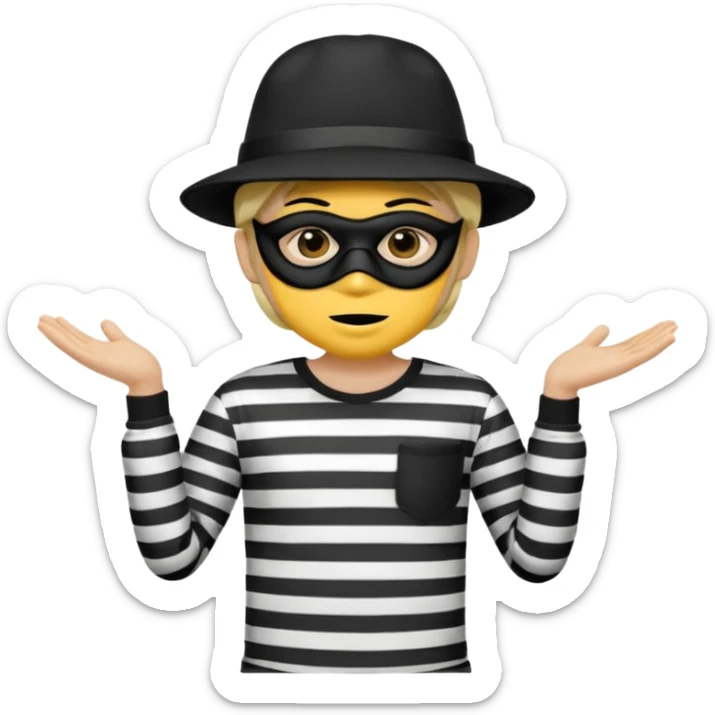 Shrugging shoulders emoji but wearing cliche robber outfit not holding any money, emoji yellow skin tone sticker
