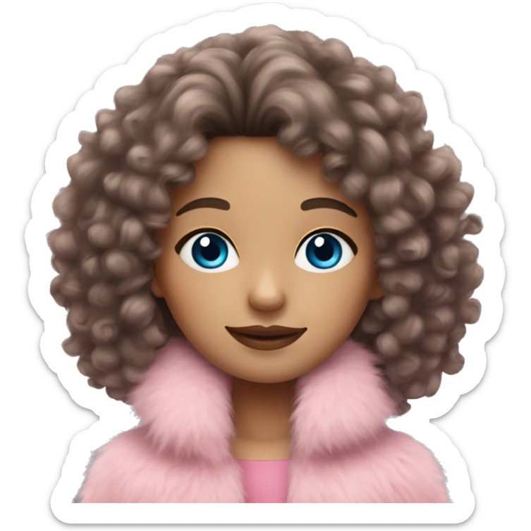 a brunette curly hair girl with blue eyes in a pink fringe fur coat sticker