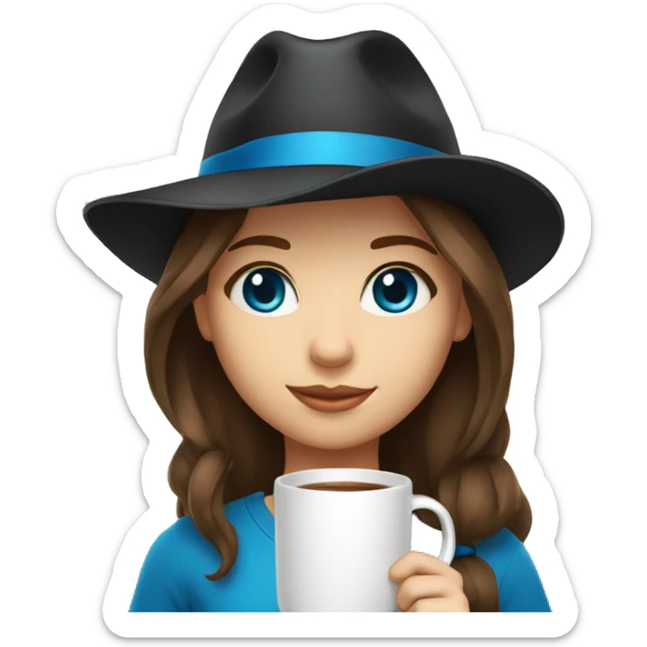 A girl with brown hair with blue eyes in a black panama hat holds a mug sticker