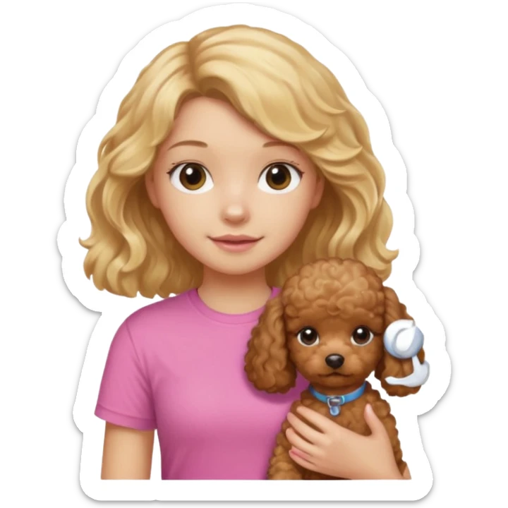 hazme un emoji que sea una niña rubi con el pelo ondulado i una camiseta rosa que ponga brownie, i acariciando a un perro (caniche toy) si pero con el pelo mas largo i no tan rubia el pelo marron i no rubia sticker