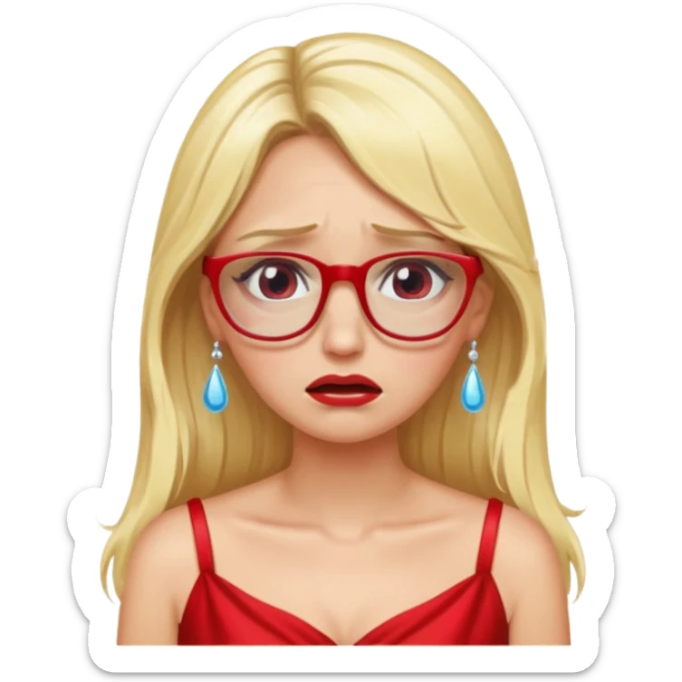 lomg blond woman  crying with glasses with red party wear dress sticker