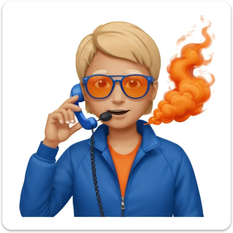 emoji-style person in sporty blue jacket and sunglasses, making phone call gesture, lively expressive character, dramatic orange smoke background sticker