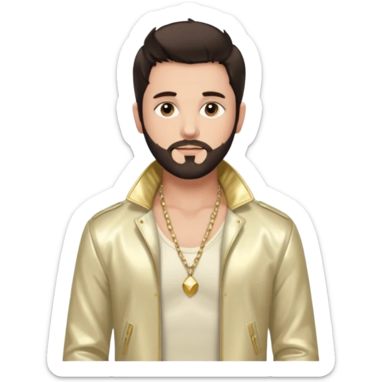 Frankie Zulferino, Pop Singer (b.1990) with dark brown hair and short beard, ivory metallic jacket, shirtless with necklace sticker
