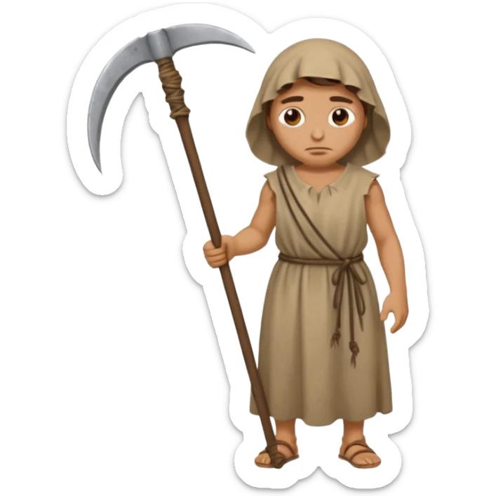 Emoji portrait of a Greek peasant. Rough chiton dress, holding a scythe, tired expression. sticker