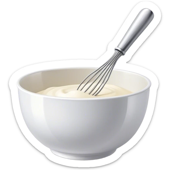 Cinematic Realistic Whisk & Mixing Bowl, a well-used metal whisk resting in a smooth ceramic mixing bowl, light reflecting off the whisk’s polished surface, subtle smears of batter along the rim, glowing with a sense of warmth and creativity. sticker