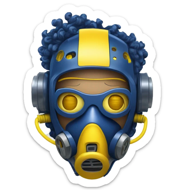 Dark Blue curly hair cyborg head with yellow respirator mask and circuitry sticker
