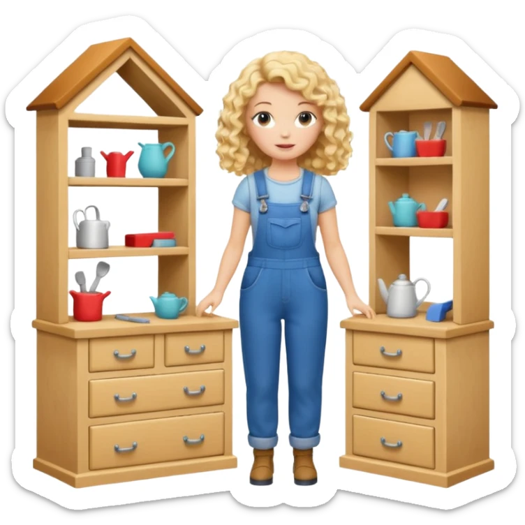 blonde curly woman arranging furniture in doll house with overalls sticker