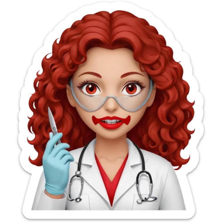 Scary woman scalpel in hand, evil surgeon sexy .  She has red eyes. Her  brown long curly hair. Wears sexy doctor outfit with red gloves. make her hair free and brown but she  wear mouth cover   to hide. Wears white surgeon jacket andpejab only hides lips and nose  eyes sticker