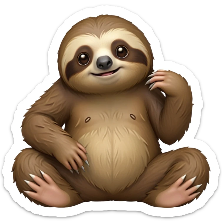 cinematic-sloth-realistic-full-body-sitting-emoji,-long-curved-claws-clinging,-thick-shaggy-brown-fur-slightly-ruffled,-head-tilted-dramatically,-slow-blinking-eyes-filled-with-serene-wisdom,-simplified-yet-realistic-focused-features,-highly-detailed,-glowing-with-an-almost-sarcastic-glow sticker