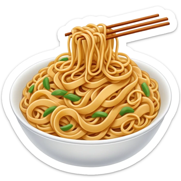 Shanghai Fried Noodles with thick chewy texture, simplified emoji style with bold outlines and bright colors, cartoon style stir-fried Shanghainese Cu Chao Mian sticker
