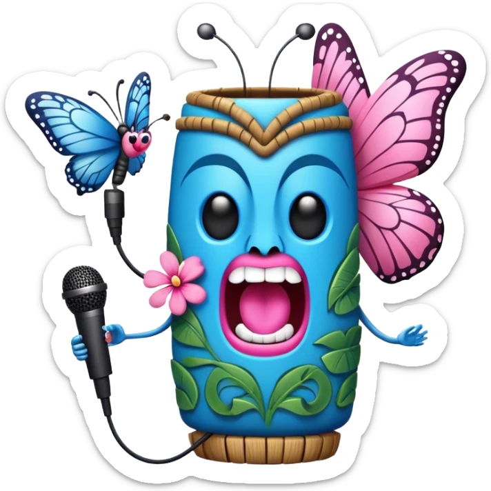 Cartoon Blue and pink tiki singing with butterfly and in the mike sticker