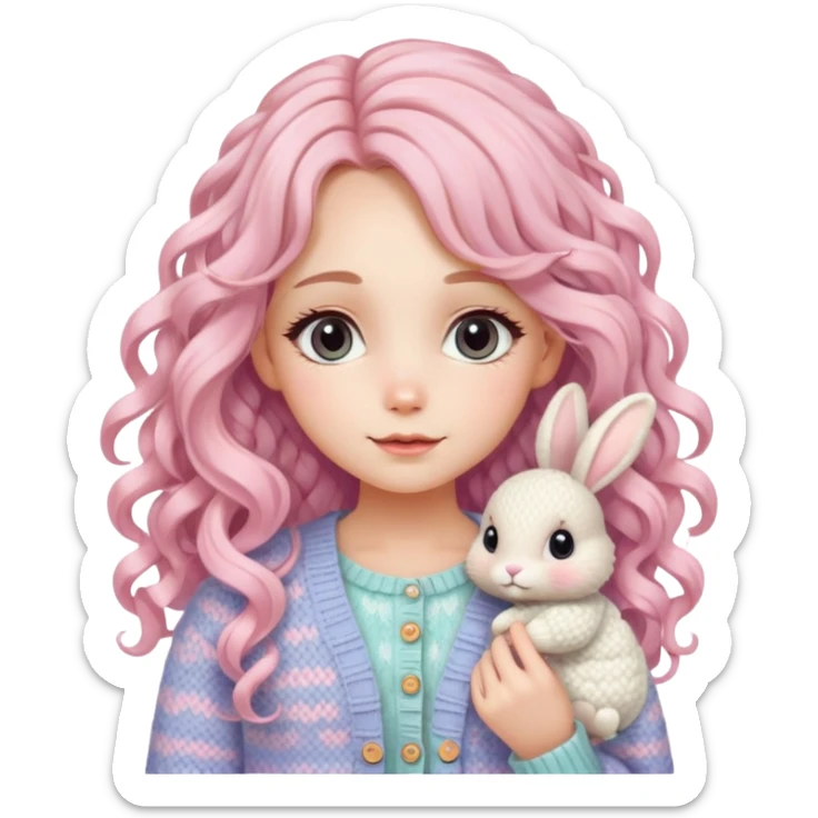  A girl with long curls, a pastel-colored hair clip, and a knitted cardigan with a bunny pattern, looking cute. sticker