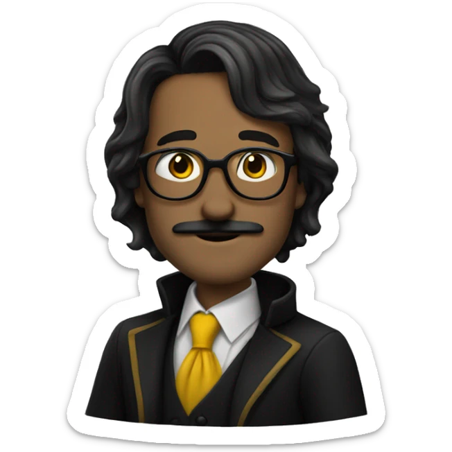 a white man with black, long and straight hair, a black mustache and glasses, hufflepuff sticker