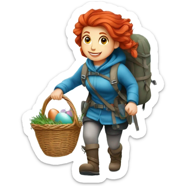 red hair female winter mountaineer climbing with Easter basket and Greek flag sticker