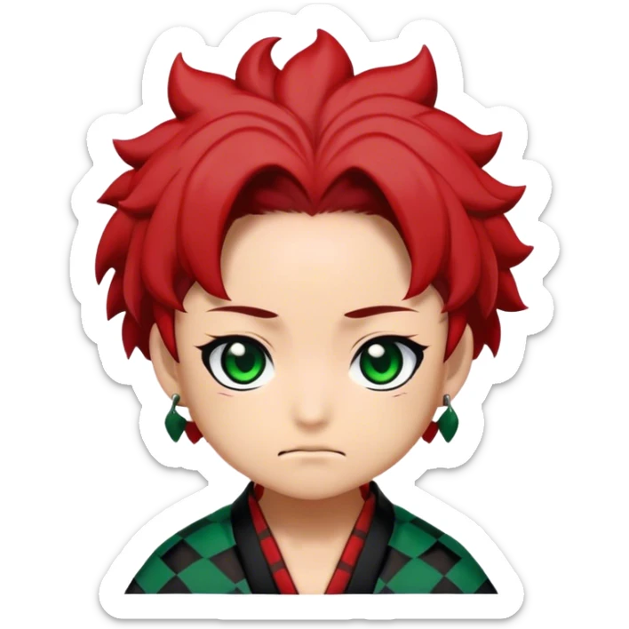 A chibi-style emoji of Tanjiro Kamado's face from Demon Slayer. Green and black checkered haori collar, red hanafuda earrings, determined expression, anime eyes, soft shading, white background, minimalist kawaii design. 2D flat vector, no text. The style is cute, simple, and expressive sticker