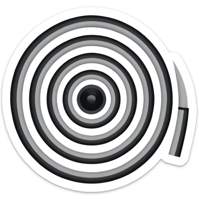 Minimalist emoji-style sticker of a strip of film curling into a hypnotic spiral. No details inside frames. Black and gray only. sticker