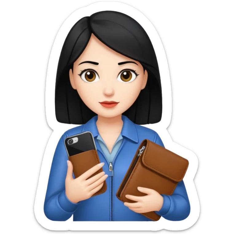 Mujer con cel y cartera  con el pelo negro y color de piel mas blanquita sticker