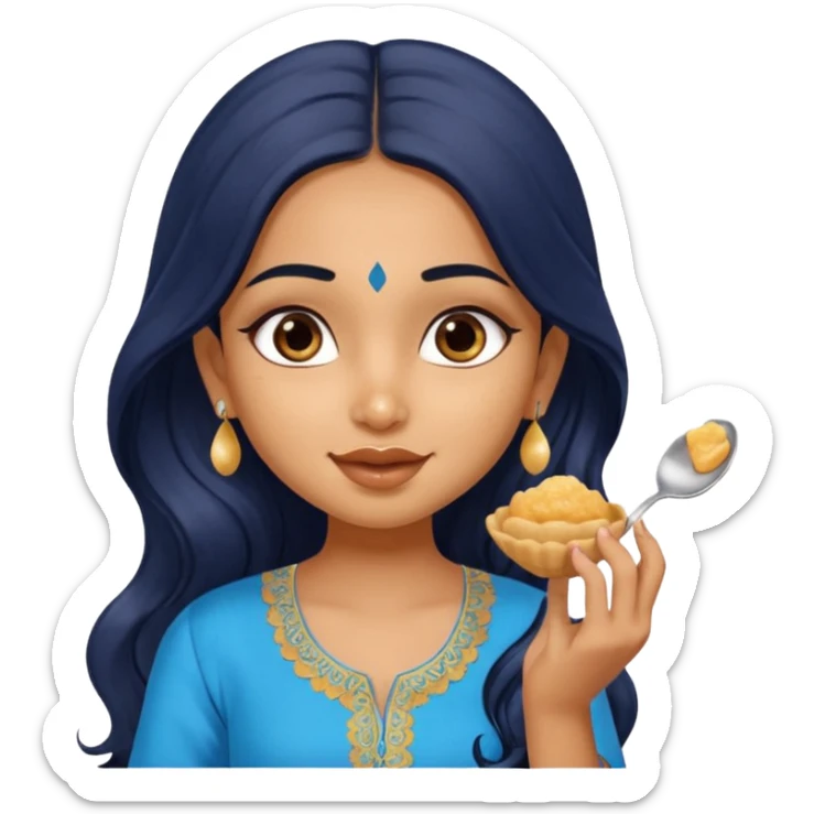 a pretty tan indian bratz girl. eyeliner on, wearing a blue kurti, eating golgappa. NO SPOON. wavy long BLACK coloured hair sticker