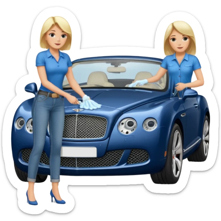 A heavy set middle aged blond lady in blue jeans washing a black Bentley car. show the full car and the lady next to it. show the face smaller and the person standing beside it...use the  sticker