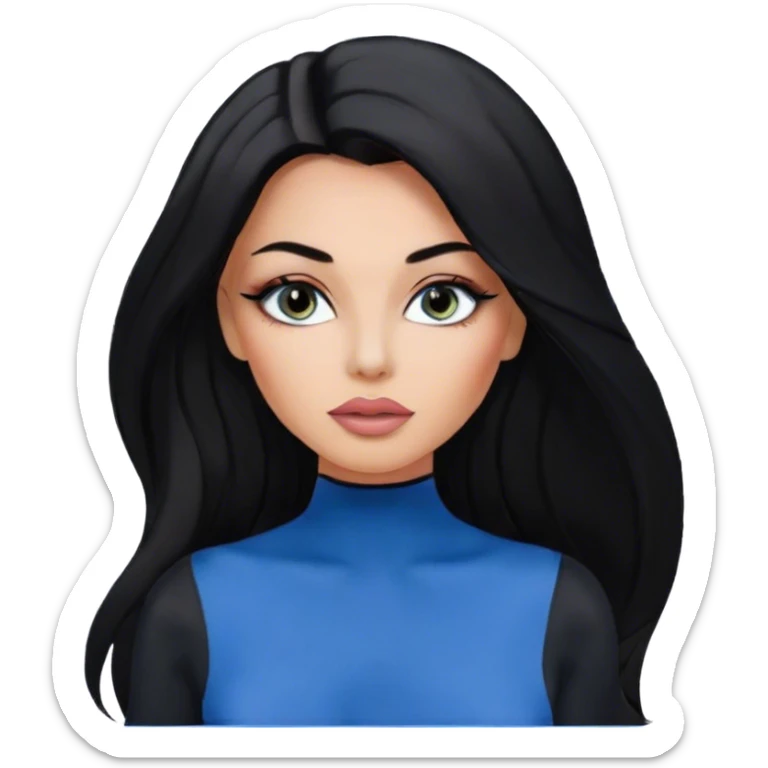 Glamours, tanned, very beautiful girl, with big pump peach-beige-rose lips, eyeliner, long long lashes, black straight smooth silky long hair, straight parting hair, blue-grey eyes, in total black bodysuit long-sleeves sticker