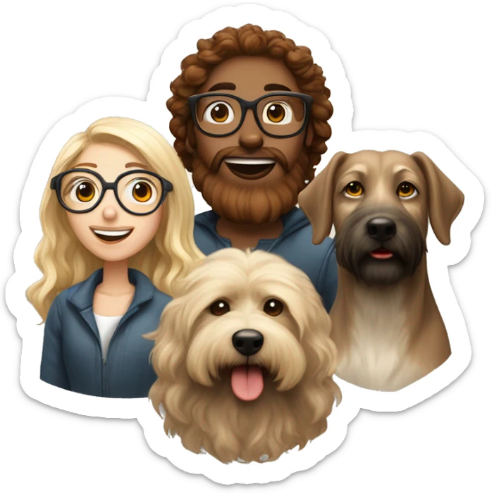 Curl brown hair girl with glasses, wolfhound dog in the middle and blond boy with red beard in the right sticker