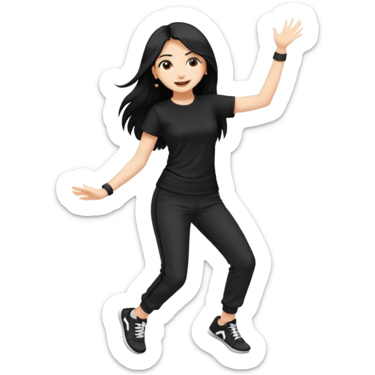 What white skin indian girl with long black dancing with Black t shirt and pant with white sneakers sticker