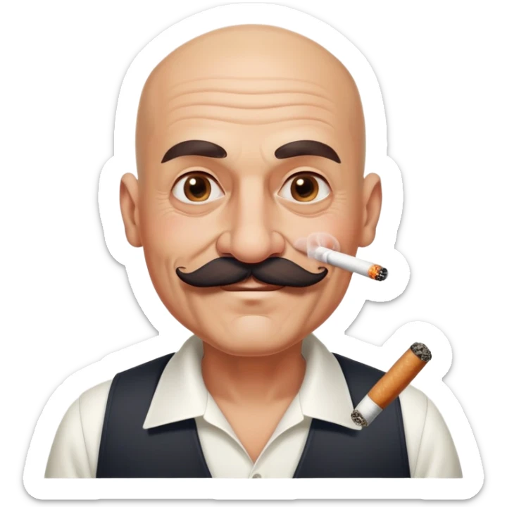 old gangster man, 45-55 years old, with mustache, a bit tanned skin, bald haicut and cigarette in his mouth, smiling like a fool, no cap, no hat sticker