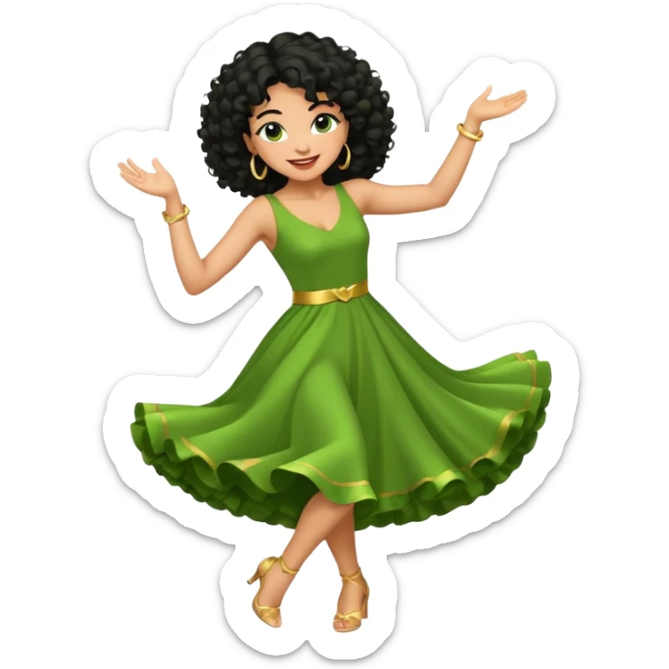 a woman with olive skin tone and curly black hair wearing green and dancing. full body, disco pose sticker
