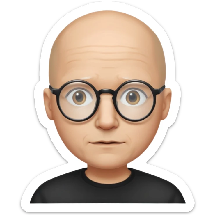 a guy who looks like kirby with a very round head, white skin and glasses almost bald, with like black glasses sticker