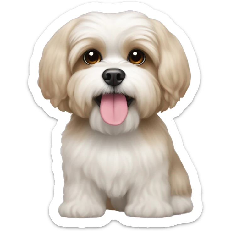 White shih tzu and poodle mix with very light brown ears and a pink nose sticker