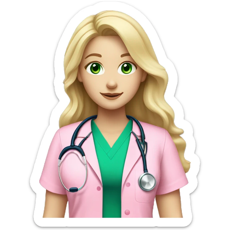 pale blonde girl with long wavy hair and green eyes wearing pink scrubs and stethoscope  sticker