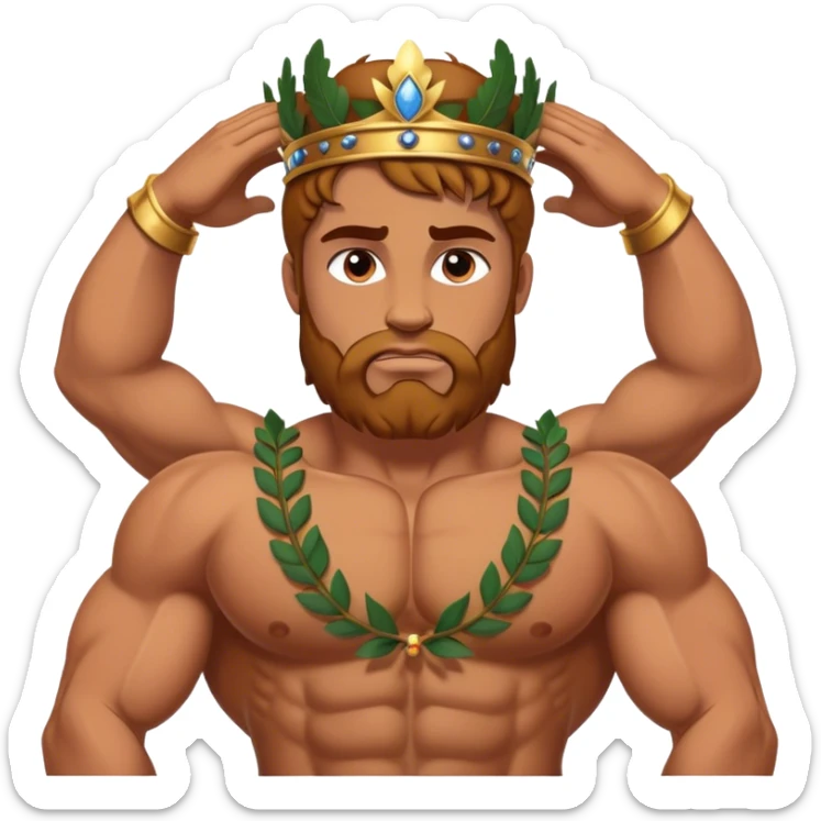 Cinematic Realistic Hercules Portrait, depicted with lifelike, sun-kissed skin and a robust, muscular physique that radiates both power and gentle nobility. His intense, kind eyes and regal expression are complemented by classical Greek attire and a laurel crown, rendered under dynamic lighting that highlights every chiseled detail. sticker