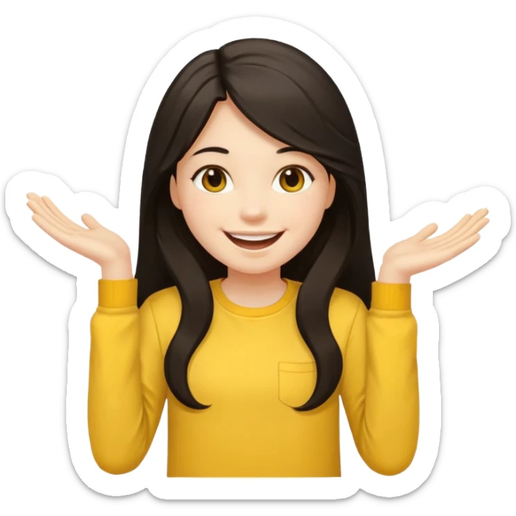 girl on a laptop, long dark hair white skin and yellow shirt long sleeves, smiling sticker