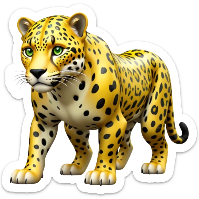 cinematic-jaguar-realistic-full-body-standing on all fours-emoji,-sleek-powerful-frame-poised-for-action,-yellow-fur-adorned-with-bold-black-rosettes,-head-tilted-dramatically,-piercing-green-eyes-locked-onto-its-prey,-simplified-yet-realistic-focused-features,-highly-detailed,-glowing-with-an-almost-sarcastic-glow sticker