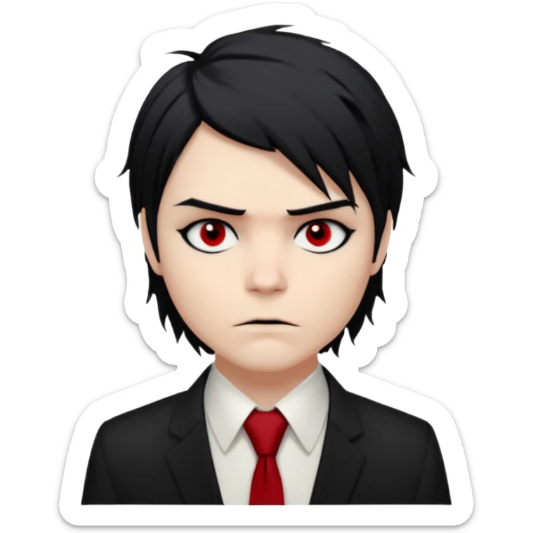 🎨 Classic Emoji — Gerard Way (Revenge Era)
Round, simplified emoji style
Pale skin tone
Jet-black, shoulder-length hair messy and emo
Heavy eyeliner and slight red shadow under the eyes
Subtle serious / melancholic expression
Hint of red tie visible on black button up shirt.
Transparent background sticker