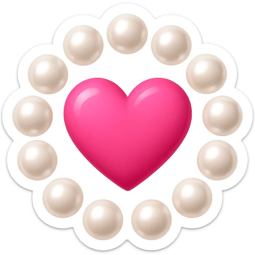 Create a pink heart surrounded by pearls in the style of emoji, with no background. The style should resemble apple style emojis with a clean and concise look. sticker