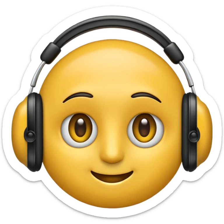 Ein gelber runder Emoji der die Augen geschlossen hat. Total im moment. Glücklich, leichtes lächeln. Verträumt. Leichtigkeit. Freiheit. Overearkopfkörer auf und im hintergrund kleine musiknoten sticker