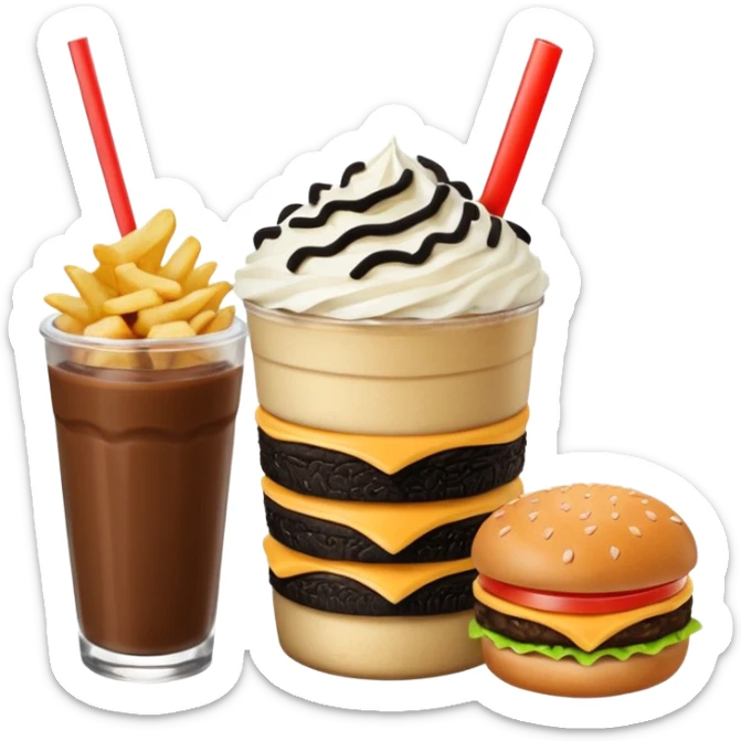 Crea una escena estilo restaurante que incluya: una 🍔 hamburguesa jugosa, un 🥤 frappé de galleta oreo en vaso de vidrio con popote, 🍟 papas fritas sticker