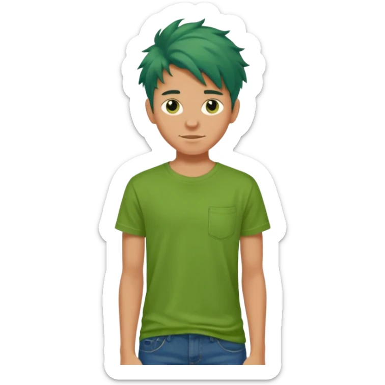 A 14 yerar old teenage boy, slightly tanned, wearing a green tshirt (no shirt pocket), blue jeans and green sneakers with brown tousled hair, smirking sticker