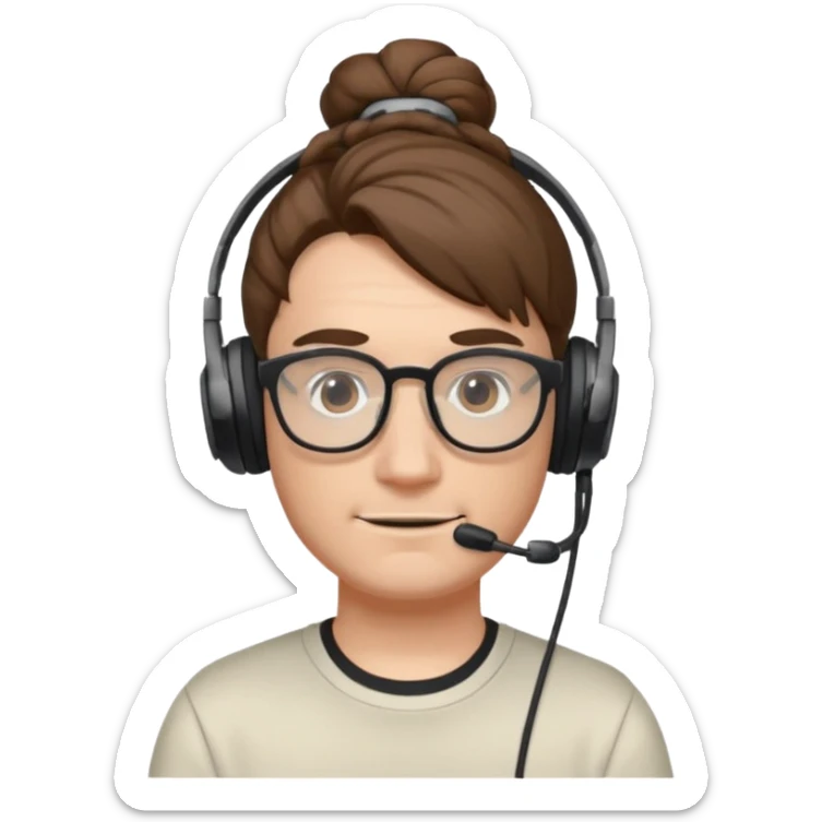 a white male with glasses, long brown hair, hair tied in a bun, and a gaming headset on his head sticker
