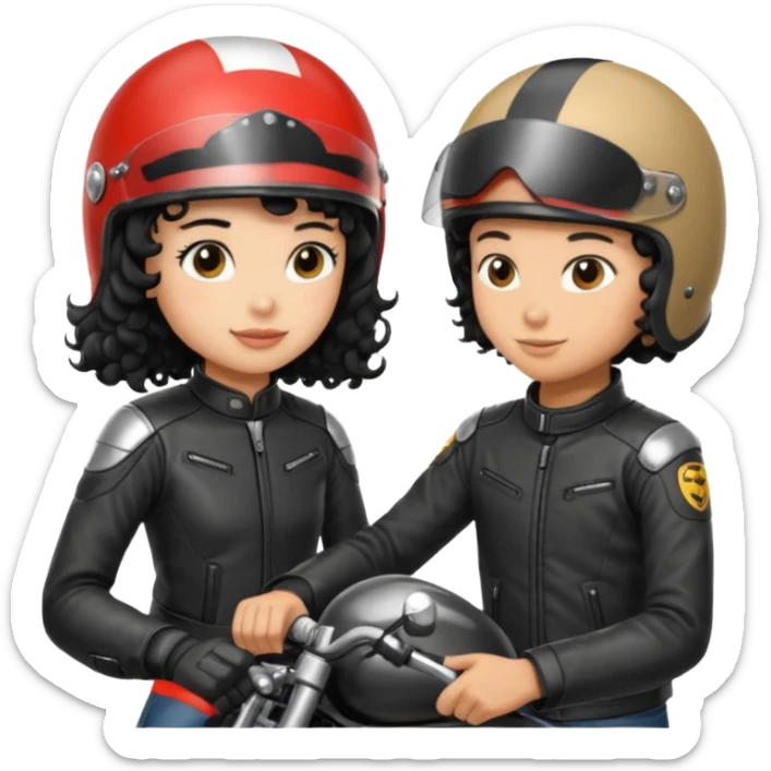 A man motorcyclist and a shorter girl with curly black hair, facing each other. sticker