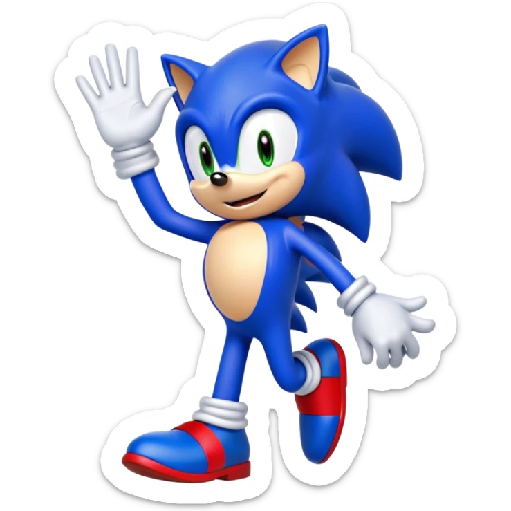 "A high-quality digital illustration of Sonic the Hedgehog in his Sonic the Hedgehog 3 design. He is smiling cheerfully and waving with one hand, giving a friendly 'hi' gesture. The character is depicted in a dynamic pose with vibrant blue fur, red shoes, and signature white gloves. The background is completely transparent, making the character standalone. The art style closely resembles official Sonic the Hedgehog 3 promotional artwork, with smooth shading, bright colors, and crisp outlines." sticker